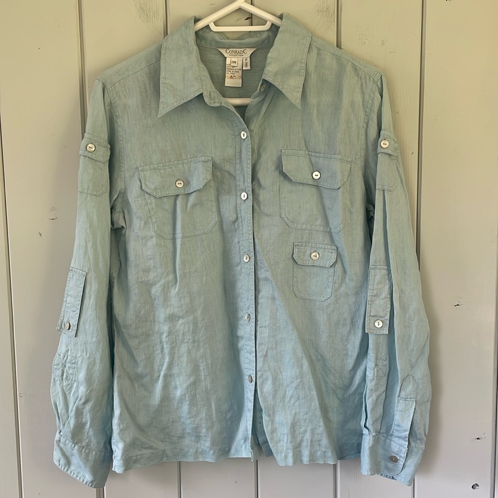 Conrad C Collection Women’s Linen Shirt Button Up Size 14 Blue
